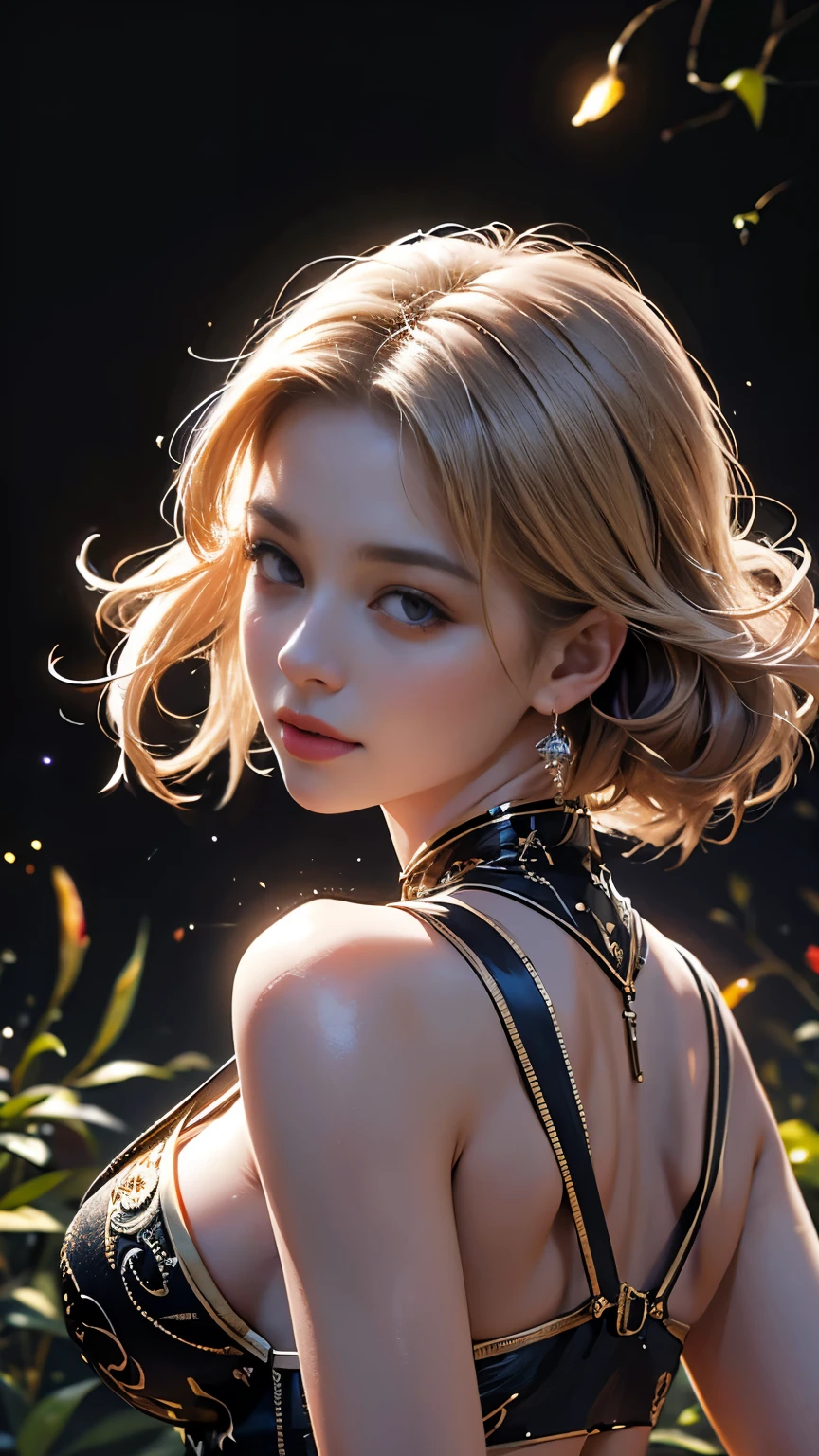 (8K, Highest quality, masterpiece: 1.2), (Realistic, photo Realistic: 1.37), Very detailed, One Girl, Wide viewing angles, Firefly Garden, Small faint lights and flying fireflies, night, lantans, Yasutomo Oka's Painting style, big firm bouncing bust, I can see her cleavage, Intricate details, Splash screen, 8K resolution, masterpiece, A kind smile, Mysterious Background, aura, A gentle gaze, break, blonde, Dynamic sexy pose,