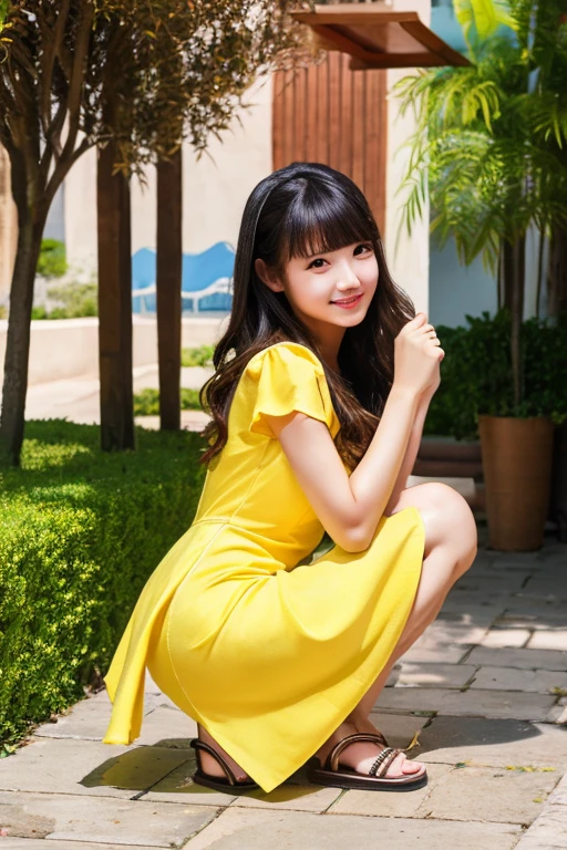 Highest quality、masterpiece、High sensitivity、High resolution、detailed、Slim Body、Yellow dress、Sandals、squat、