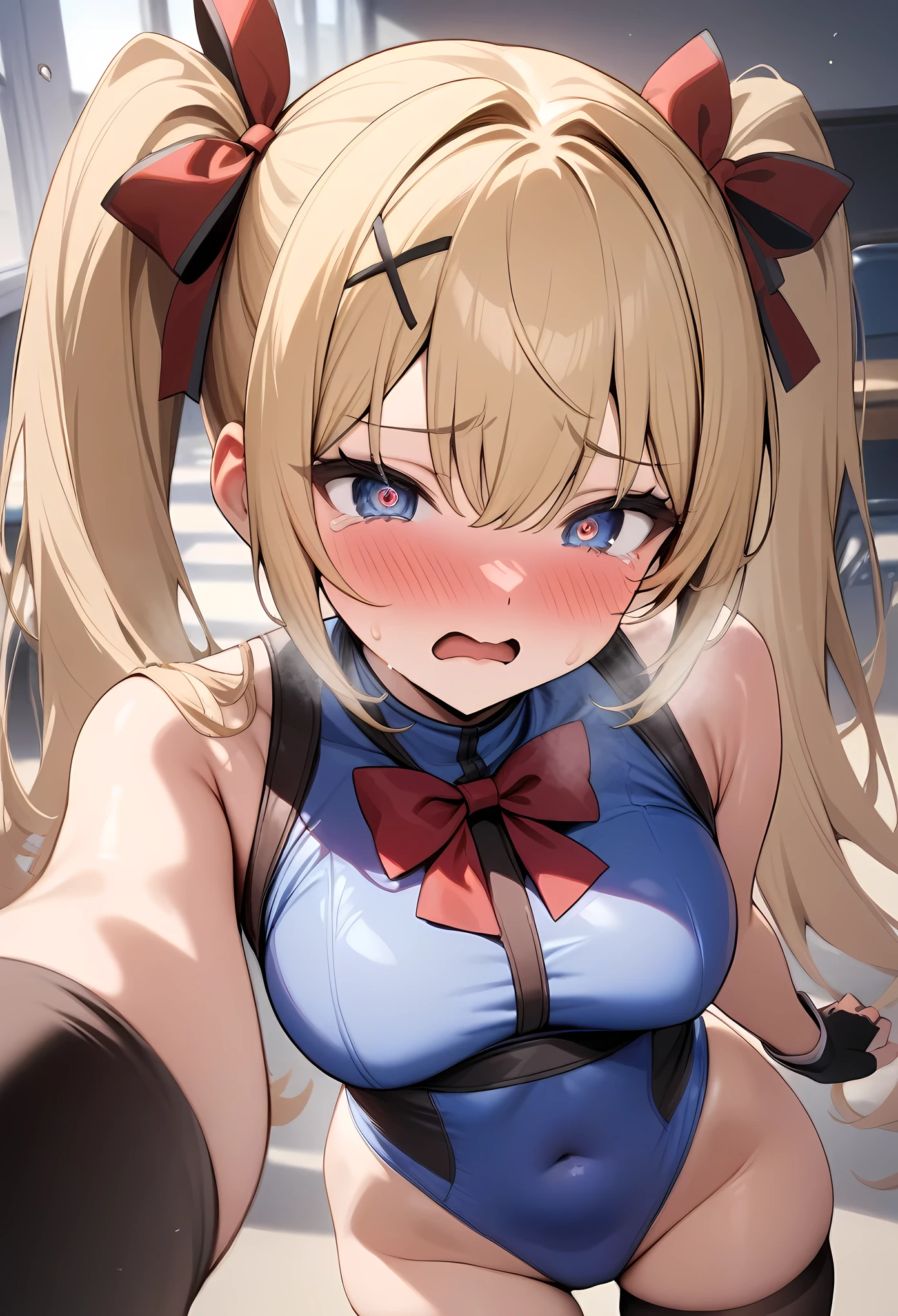 masterpiece, best quality, very aesthetic, absurdres, newest,1girl,upper body,blush,tear in eyes,,embarrassed,cum,,marie_rose(dead_or_alive), dead_or_alive_5,1girl, long_hair, twintails, blonde_hair,x_hair_ornament, athletic_leotard,  blue_leotard, bodysuit, bow, bowtie, covered_navel, fingerless_gloves, frilled_leotard, frills, highleg_leotard, red_bow, red_bowtie, skin_tight, sleeveless_turtleneck_leotard,thighhighs,,in school, in college