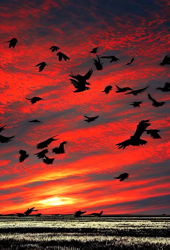 flock of macabre colossal crows flying over a red, apocalyptic sky