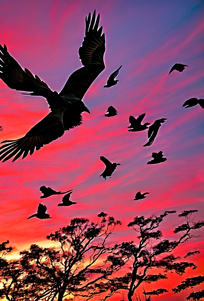 flock of macabre colossal crows flying over a red, apocalyptic sky