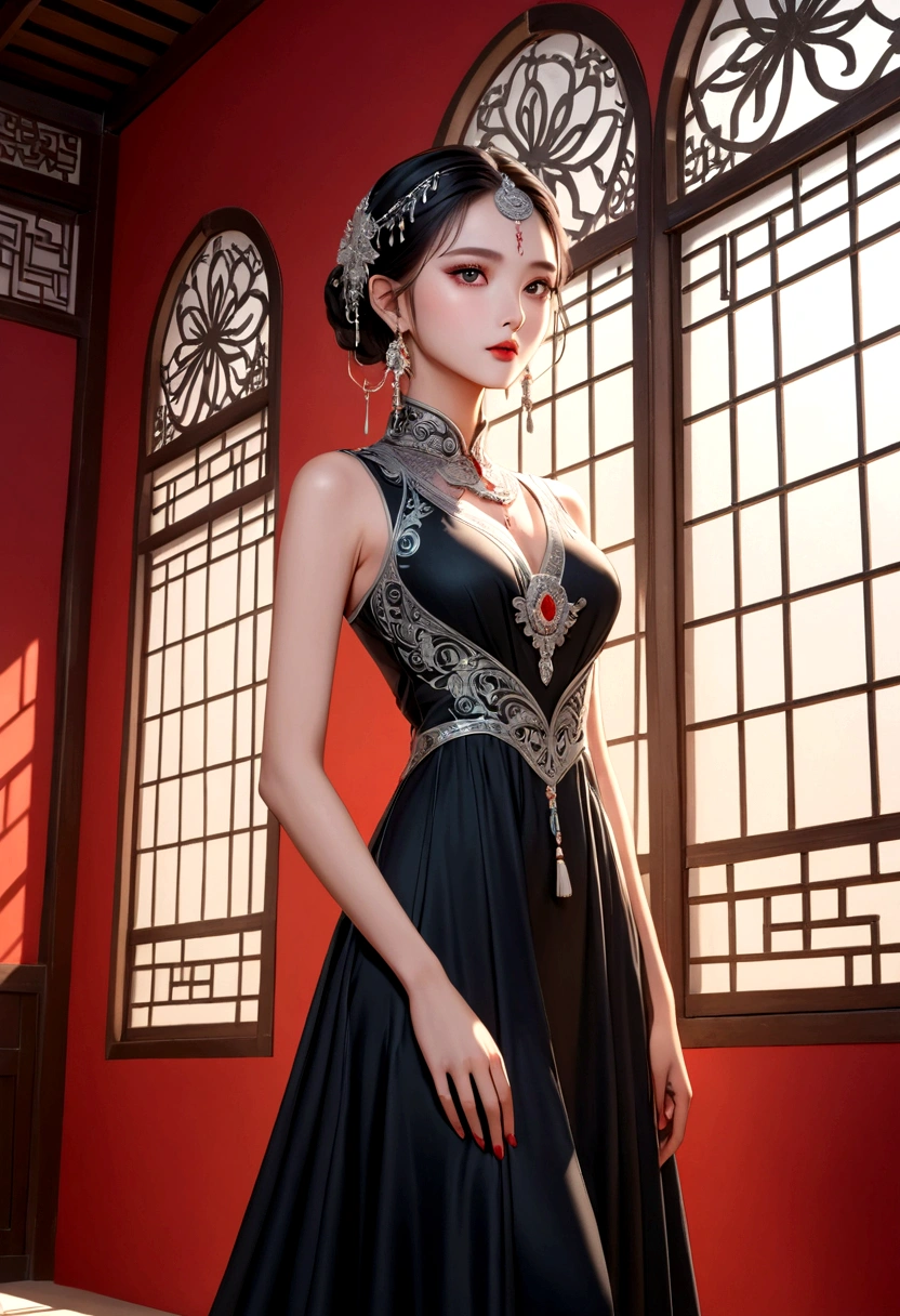 (masterpiece,high quality,8K).beautiful girl,Ethnic evening dress:1.5.Skin details,Bright Eyes,Thick eyelashes,Unique,Staring at the audience),(High collar sleeveless black maxi dress,Long legs,seedling:1.5,Silver jewelry:1.2,silver tassel:1.37,)。Ultra wide angle,Window paper projection background,Light and Shadow,Clean and simple red background