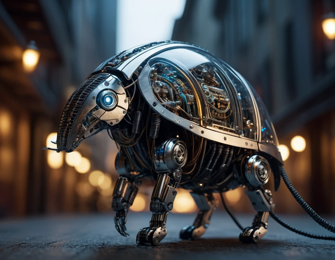 Translucent movie stills (Cybernetic robot armadillo:1.5), (Glowing Veins:1.3) (The cable enters the body, circuit:1.3), Very detailed, Vignette, Very detailed, High budget, Bokeh, Sulky, amazing, nice, Film Grain, granular