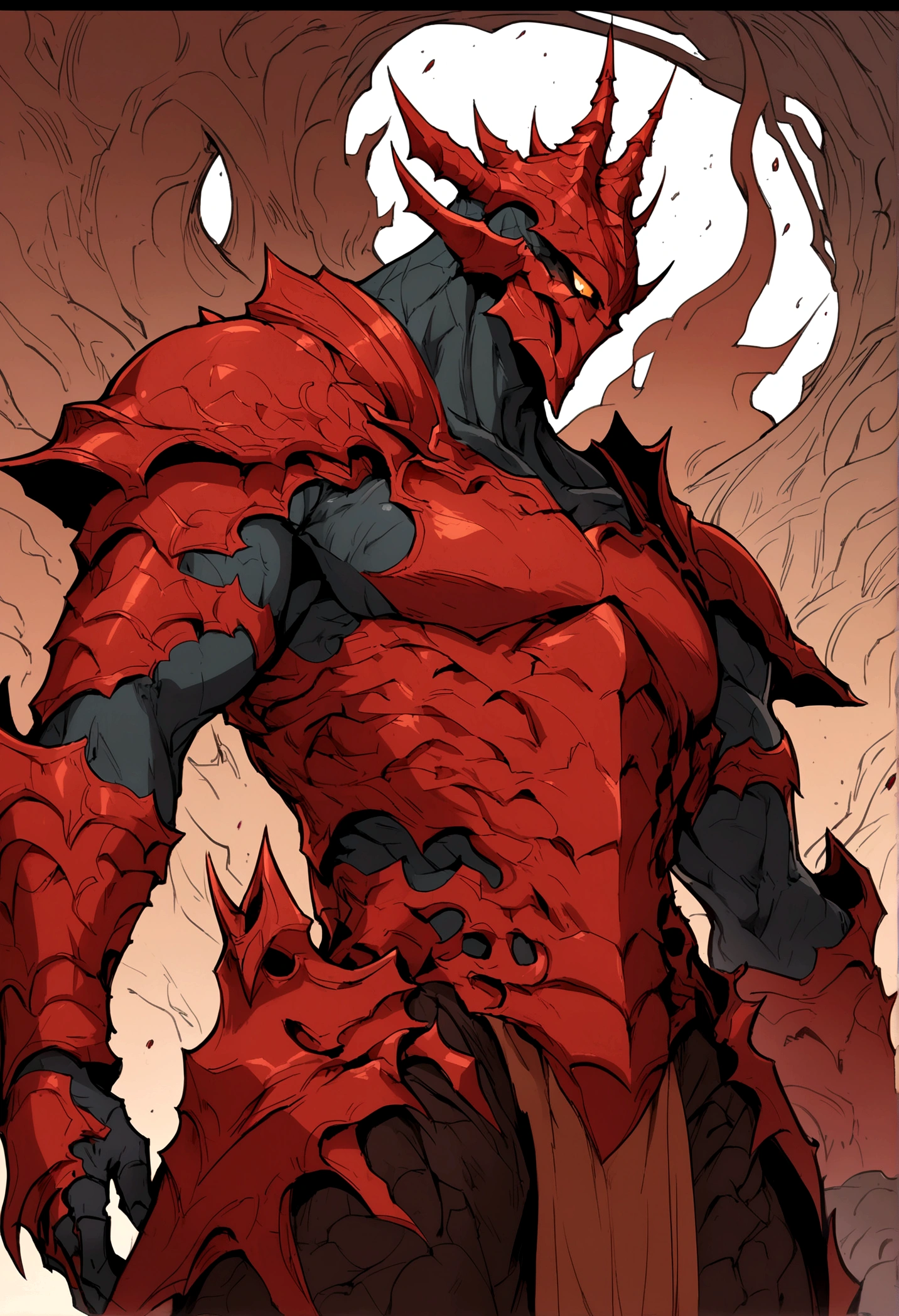 Man with armor inspired by the gojira skin, dark fantasy, manhwa style, red details and blood