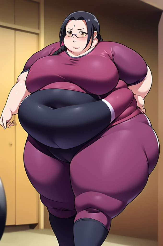 Anime Women, Lady、Black Hair, Forehead、Braid、Glasses、Brown eyes、Are fat、Chubby、Voluptuous、obesity、Double chin、Cheek、Fatty neck、Big Breasts、Saggy breasts、Thick upper arms、tall、Unitard、Training wear、Gloss、Sweat、blush、Run