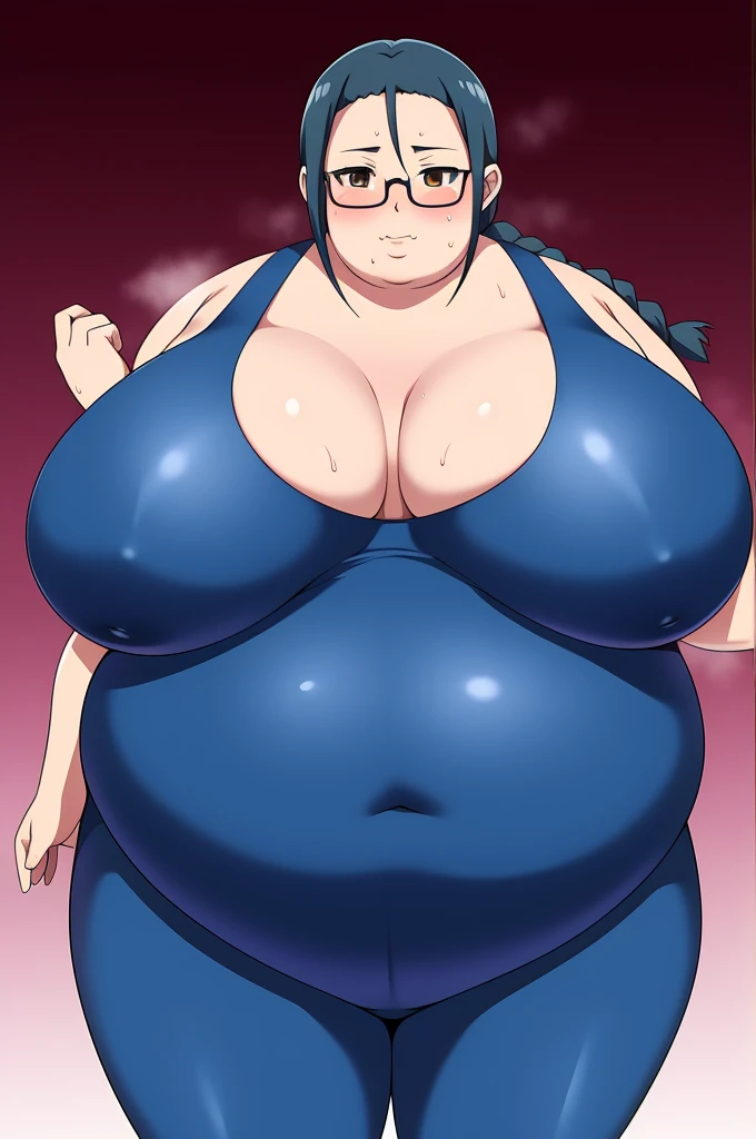 Anime Women, Lady、Black Hair, Forehead、Braid、Glasses、Brown eyes、Are fat、Chubby、Voluptuous、obesity、Double chin、Cheek、Fatty neck、Big Breasts、Saggy breasts、Thick upper arms、tall、Unitard、Training wear、Gloss、Sweat、blush、Run