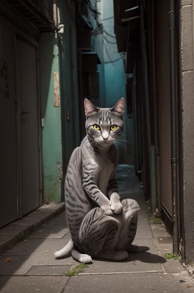 Draw a thin, sad cat sitting in a dark alley, with signs of rejection from its owner in the background