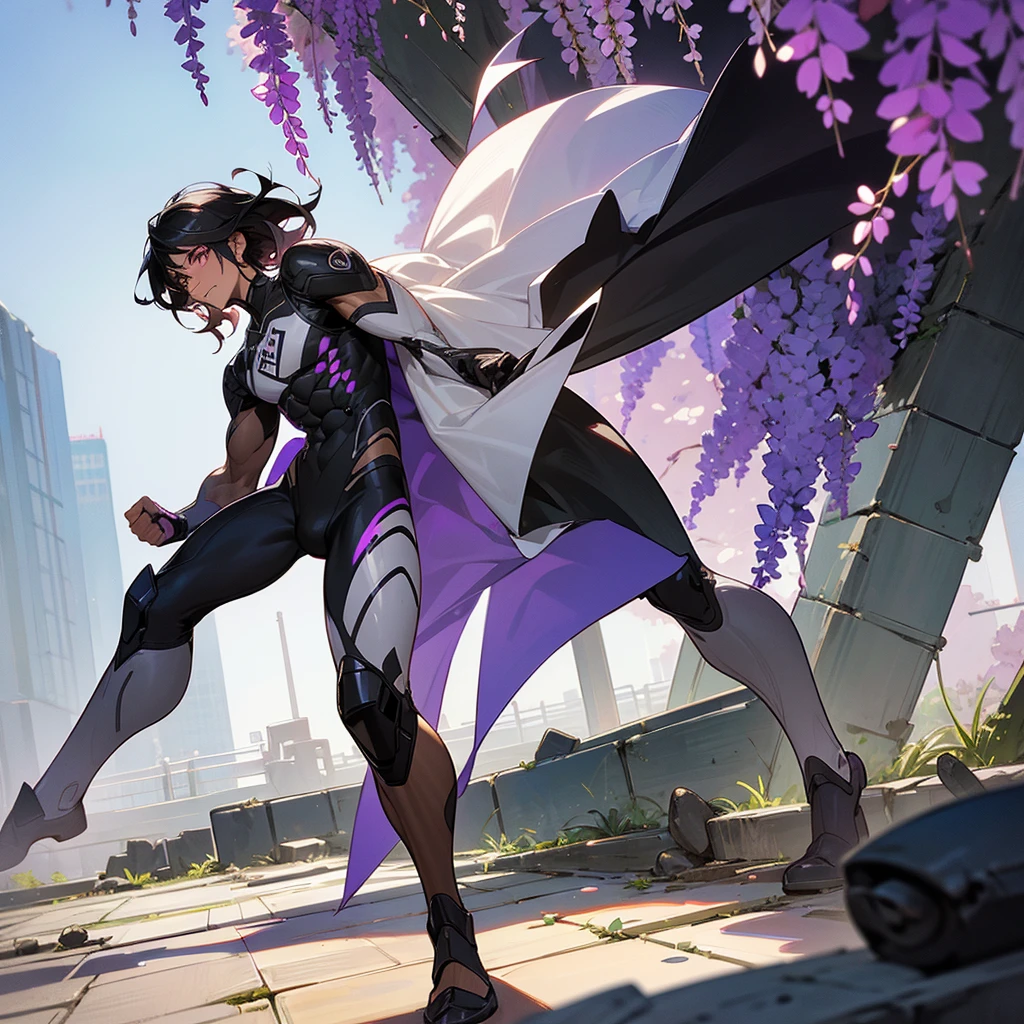 1male, young adult, dark skin, finely detailed plum eyes, wild medium hair, two tone hair, black hair color, seashell white hair color, full body combat suit, standing on ruined building, day time, tokyo streets, excited expression, muscular, tattoos, wisteria flowers, scars
