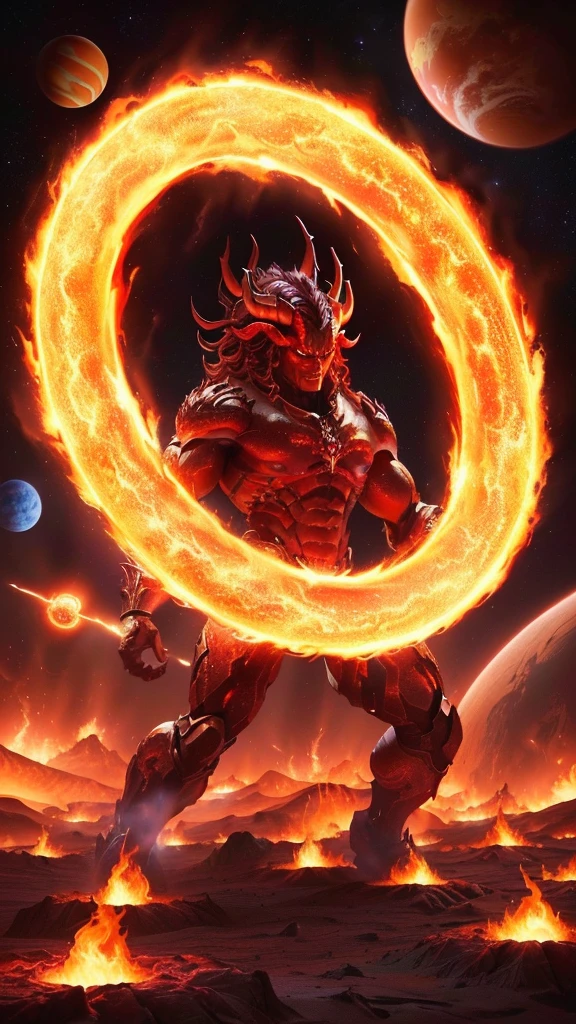 Close-up of a person holding a ring of fire in front of a planet, muscled humanoid Balrog demon, Red superstar, Fire Demon, Fire Spirit, Balrog, Mustafar, Giant Heavenly God, Great d & D Dark Sun Art, Ruler of Hell, Amazing space creatures 4K, Fire Golem Creature、Apparition、Karma Demon、Demon