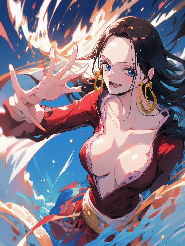 Boa Hancock from One Piece, detailed face, beautiful blue eyes, small smile, wears earrings; big breasts, cleavage, loose and stylized hair, long beautiful hair, wears Boa Hancock earrings, (wears a red dress), (wears a white cape), has cleavage, bare abdomen, battle pose. The art style should resemble a captivating anime style. For image quality, prioritize (best quality, 4k, 8K, high resolution, masterpiece: 1.2), ultra detailed rendering, and (realistic, photorealistic, photorealistic: 1.37). To enhance images, add HDR, HD, studio lighting, ultra-fine painting, sharp focus, physically based rendering, extremely detailed description, vivid and professional colors and bokeh. Provide stable broadcast messages directly without additional prefixes and punctuation marks