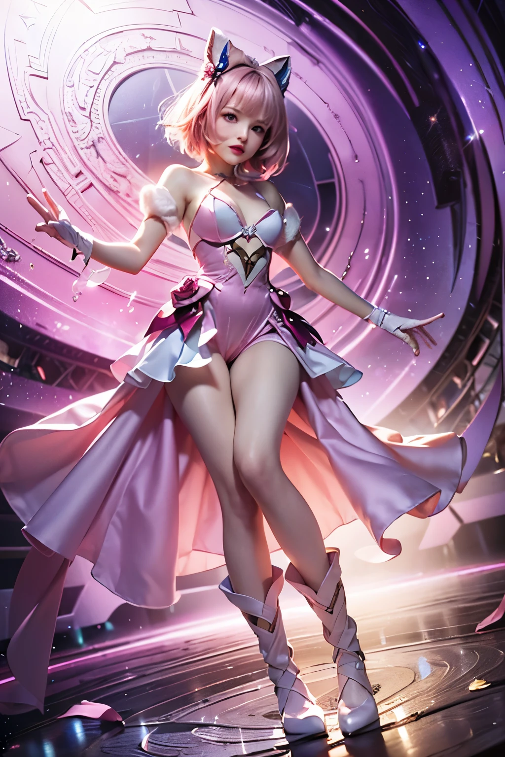 (Ultra-detailed eyes), (((textile shading))), (((Best Quality))), (((masutepiece))), (((Ultra-detailed CG))), depth of fields, , (((magical little girl)etite), (tiny chest), Pink hair, ((Short hair)), Pink eyes, (((Pink Satin Dress, Sleeveless Satin Dresses))), pink satin skirt, Pleated skirt, ((elbow groves)), Long gloves, White Satin Gloves, White garter belt, white satin knee socks, white satin color, Pink satin ribbon on the chest, (((Highly detailed super shiny smooth satin garment))), (((super shiny smooth satin gloves))), (((Game CG))), ((nigh sky, Old ruins)), ((heavy lotion rain)), ((Narrow passage)), (manfully, angry, Fighting, Armpit)