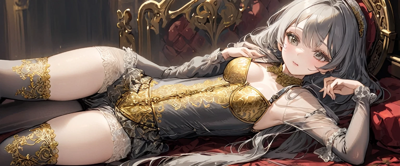 Medieval1People Girls、 Gold and silver embroidery、In underwear、Knee-length semi-transparent bloomers(With gold and silver lace)Wearing、Wearing a semi-transparent corset、 Grey translucent tights、Lying down