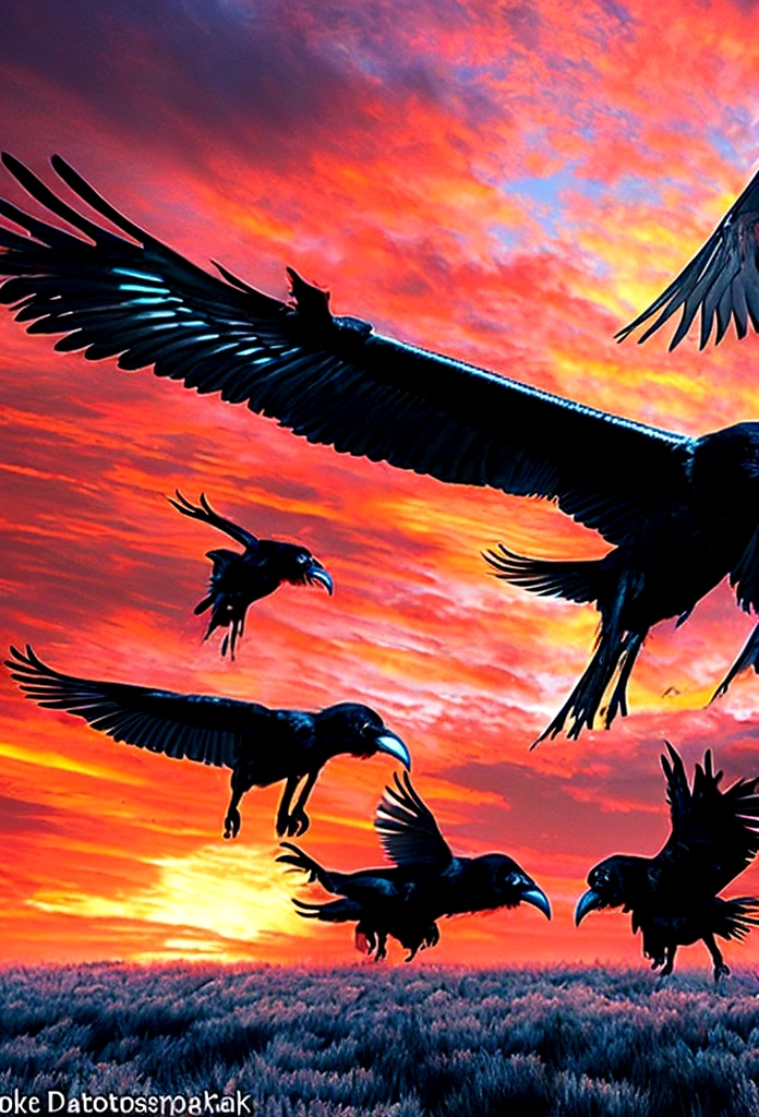 a group of giant humanoid crows flying over an apocalyptic red sky, dark fantasy, cinematic lighting, dramatic atmosphere, highly detailed, photorealistic, masterpiece, 8k, (best quality:1.2), ultra-detailed, unnatural creatures, unsettling, eerie, nightmarish, surreal, dystopian, ominous, dramatic composition, dynamic movement, intense colors, fiery sky, (photorealism:1.37)