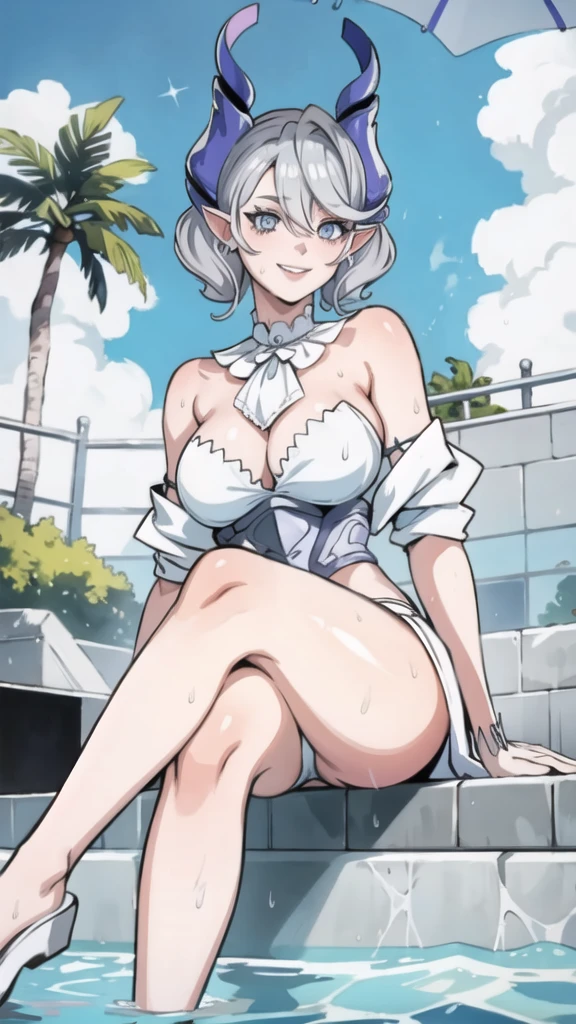 High level image quality best image quality 8K adult woman pool party rain palm trees more colors white body portrait naked horn ears short hair((shortcut)(gray hair)(perm)(fluffy)) eye color is blue , , attractive evil face , smile , sexy pose , labrynth , barearm , shirt , sitting by the pool , crossed legs , all wet , view from below