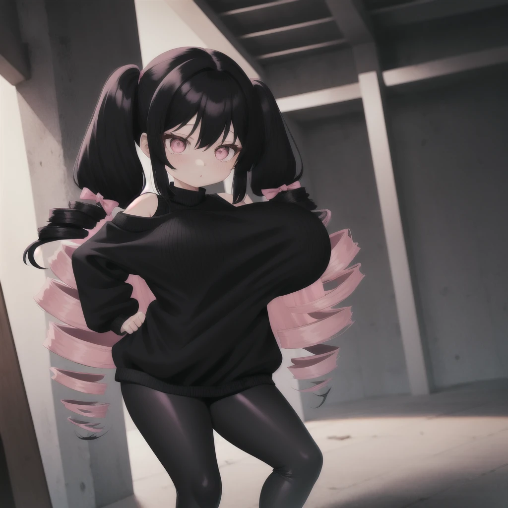 black hair, female, twin drills hair style, solo, smol, pink eyes, massive breasts, very long hair, wear open cut black sweater and leggings, masterpiece, ultra high quality