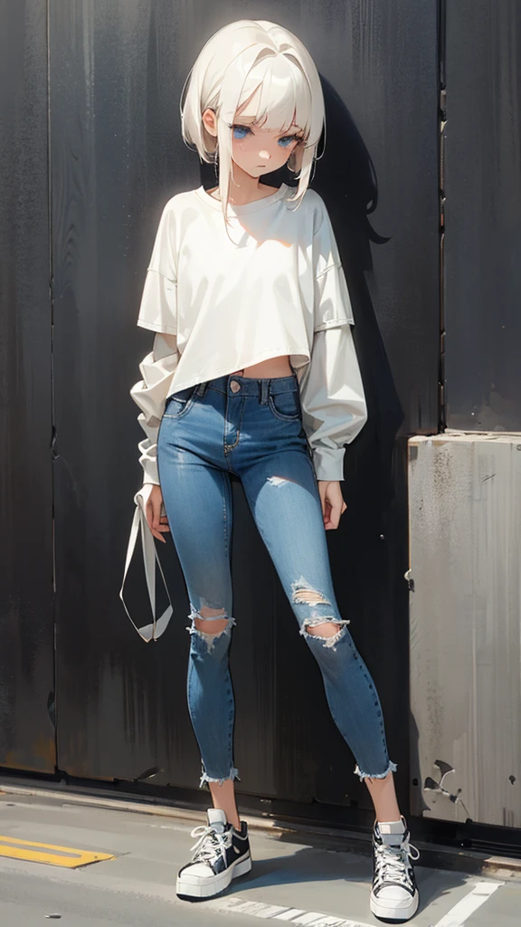Sad girl angel, with long jeans, short top, sneakers, looks at the phone