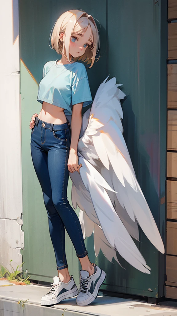 Sad girl angel, with long jeans, short top, sneakers, looks at the phone