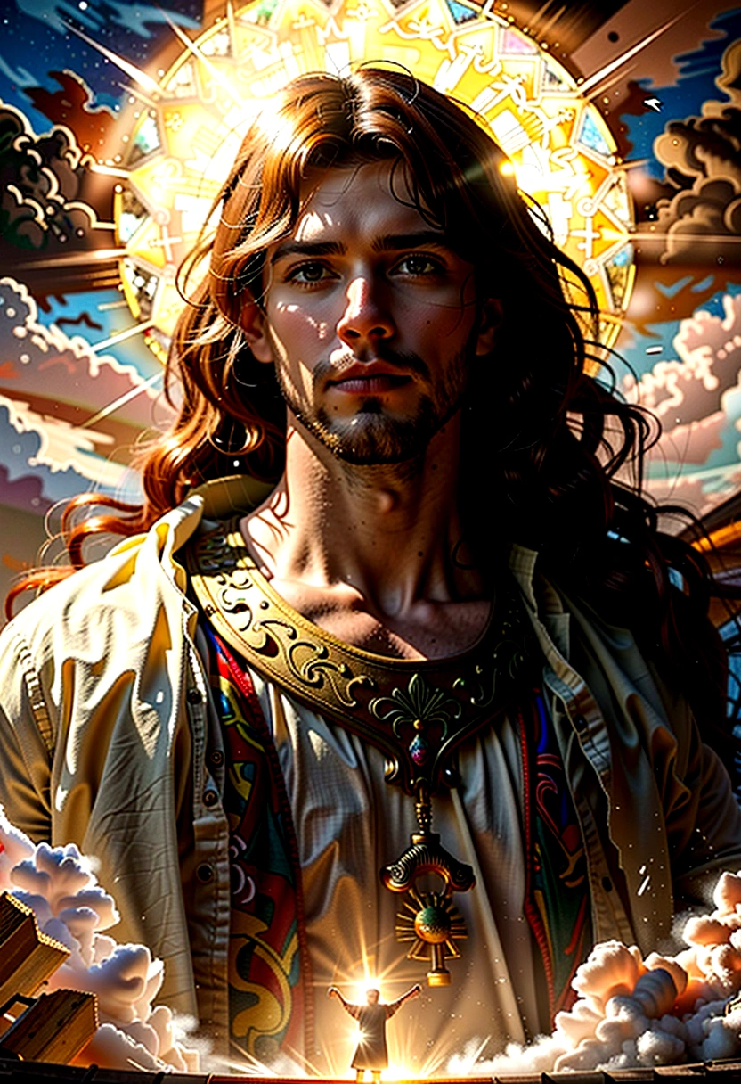 cinematic dramatic portrait of jesus christ, jesus christ in glory, jesus christ in the sky, jesus christ surrounded by light, jesus christ in divine atmosphere, masterful oil painting, highly detailed, photorealistic, dramatic lighting, cinematic composition, epic scale, glowing radiant light, heavenly atmosphere, majestic clouds, dramatic sky, dramatic lighting, chiaroscuro, intricate details, rich textures, vibrant colors, renaissance style, ornate details, heavenly aura, ethereal presence