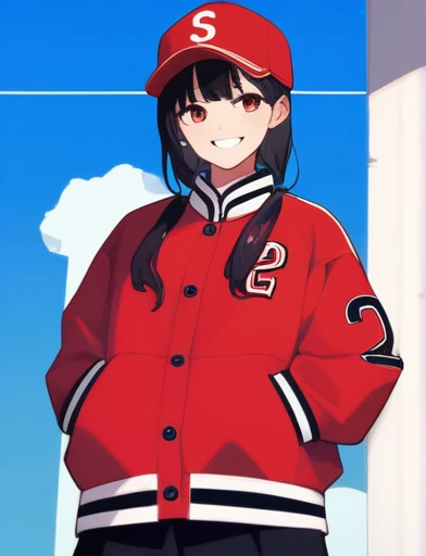 score_9,  score_8_superior, score_7_superior, sauce_anime, red letterman jacket, red knit hat, One girl, Are standing, View from the front, in, smile