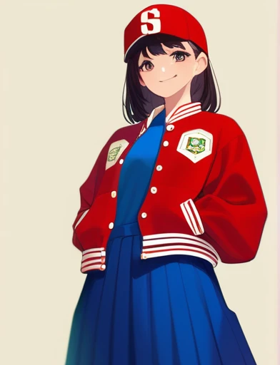 score_9,  score_8_superior, score_7_superior, sauce_anime, red letterman jacket, red knit hat, One girl, Are standing, View from the front, in, smile