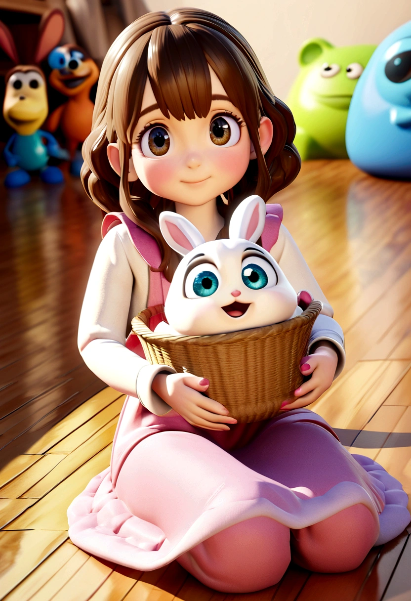 Creat a image with Disney Pixar styles. beautiful huge eyes, brown hair and big eyes, huge adorable eyes, with beautiful passionate eyes, short brown hair and big eyes, close-up of a lovely, rosy cheeks, beautiful big eyes, looking affectionately at the camera, beautiful big clear eyes, young cute face, best quality, 3D rendering,illustration,character design,Pixar style, cute , pink dress, sitting on the floor, with a small rabbit on her lap, next to a small basket, happy expression.