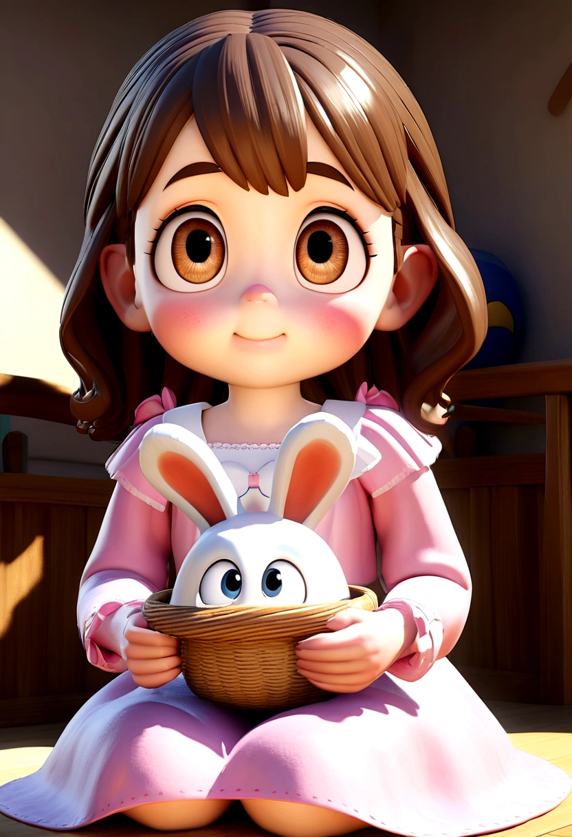 Creat a image with Disney Pixar styles. beautiful huge eyes, brown hair and big eyes, huge adorable eyes, with beautiful passionate eyes, short brown hair and big eyes, close-up of a lovely, rosy cheeks, beautiful big eyes, looking affectionately at the camera, beautiful big clear eyes, young cute face, best quality, 3D rendering,illustration,character design,Pixar style, cute , pink dress, sitting on the floor, with a small rabbit on her lap, next to a small basket, happy expression.