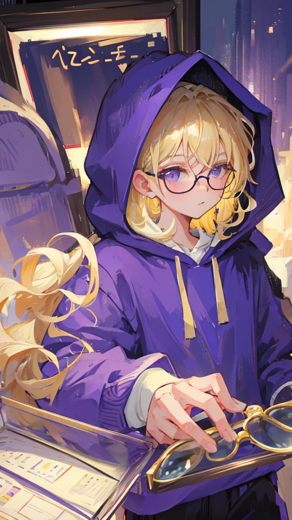 Boy with blond hair wearing round-framed glasses and wearing a purple hoodie
