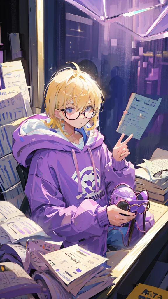 Boy with blond hair wearing round-framed glasses and wearing a purple hoodie
