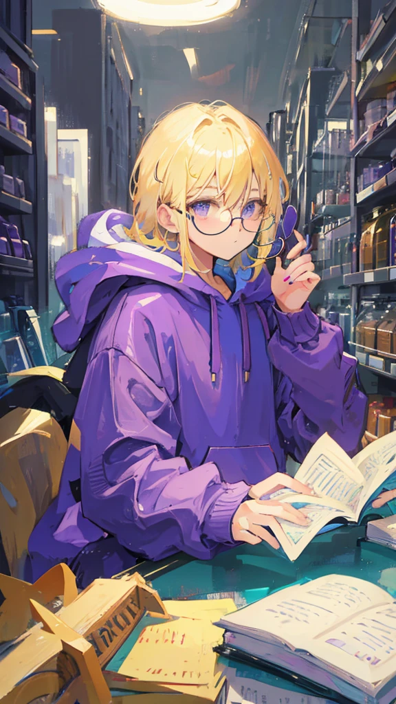 Boy with blond hair wearing round-framed glasses and wearing a purple hoodie