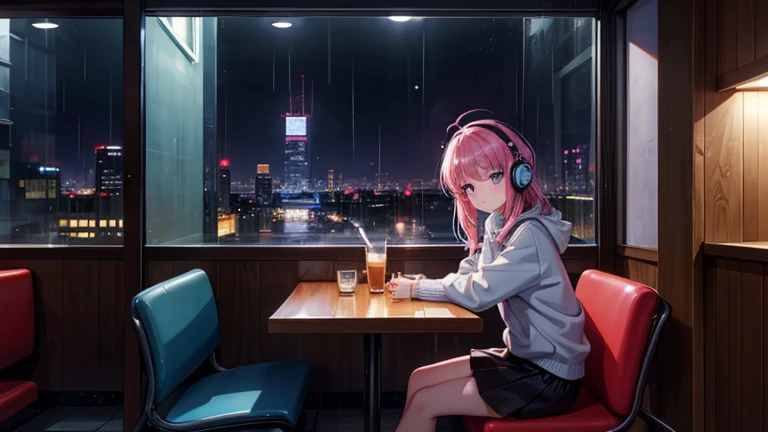 (Highest quality,8k,32K,masterpiece,Ultra-high resolution :1.2 ),born,One girl,Super cute,Natural light,Clear, shining eyes,20-year-old,Fair skin,Fantasy background of a nighttime electronic world in a bar district,Pink Hair,Smoking cigarettes,cigar,Smoke billowing,