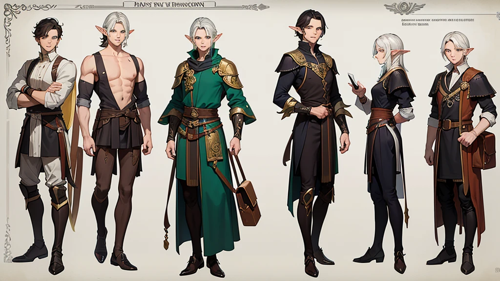 there is a man with a backpack and a bag on his shoulder, a male elf, as a dnd character, a portrait of a male elf, inspired by Roman Bezpalkiv, as a d & d character, handsome prince of persia, inspired by Gaston Anglade, inspired by Pogus Caesar, inspired by Caesar van Everdingen, Full body, master piece, character sheet, character sheet, character sheet, perfect face.