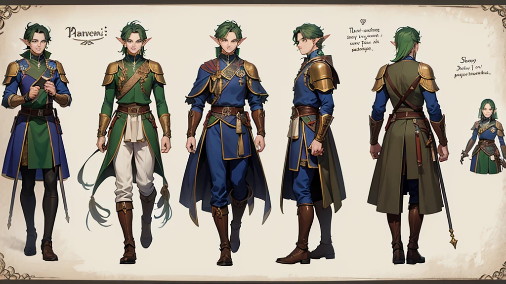 there is a man with a backpack and a bag on his shoulder, a male elf, as a dnd character, a portrait of a male elf, inspired by Roman Bezpalkiv, as a d & d character, handsome prince of persia, inspired by Gaston Anglade, inspired by Pogus Caesar, inspired by Caesar van Everdingen, Full body, master piece, character sheet, character sheet, character sheet, perfect face.