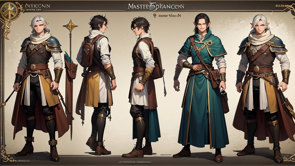 there is a man with a backpack and a bag on his shoulder, a male elf, as a dnd character, a portrait of a male elf, inspired by Roman Bezpalkiv, as a d & d character, handsome prince of persia, inspired by Gaston Anglade, inspired by Pogus Caesar, inspired by Caesar van Everdingen, Full body, master piece, character sheet, character sheet, character sheet, perfect face.