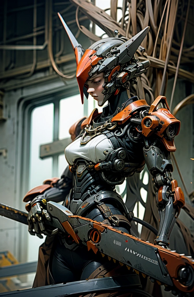 Dark_Fantasy,Cyberpunk,(chain saw,chain saw man,Red:1.1),1man,Mechanical marvel,Robotic presence,Cybernetic guardian,A beautiful woman in a mecha suit，iintricate，（Steel metal[rusted]），ellegance，Clear focus，Photo by Greg Rutkowski，gentlesoftlighting，vivd colour，tmasterpiece，（（the street）），cow boy shot，dynamicposes，