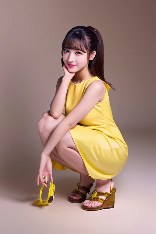 Highest quality、masterpiece、High sensitivity、High resolution、Detailed Description、Slim Body、Yellow dress、Sandals、squat、