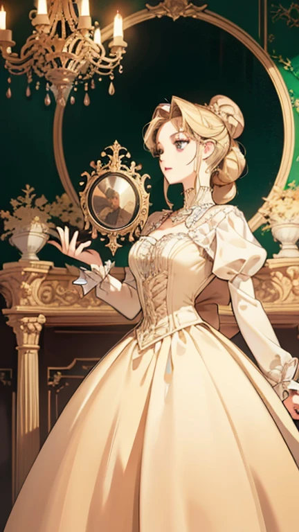 Beautiful aristocratic woman of victorian era, Europe in the 18th century, blond,Exquisite high bun braid hairstyle, curls, elegant ballroom dress, Standing in the luxurious banquet hall, Delicate and meticulous, 8K, Reality, Dramatic Lighting, high quality, Complex design, classical portrait