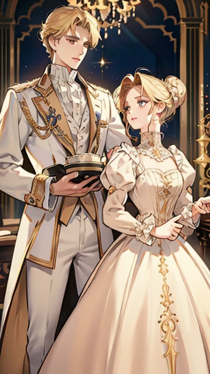 Beautiful aristocratic woman of victorian era, Europe in the 18th century, blond,Exquisite high bun braid hairstyle, curls, elegant ballroom dress, Standing in the luxurious banquet hall, Delicate and meticulous, 8K, Reality, Dramatic Lighting, high quality, Complex design, classical portrait