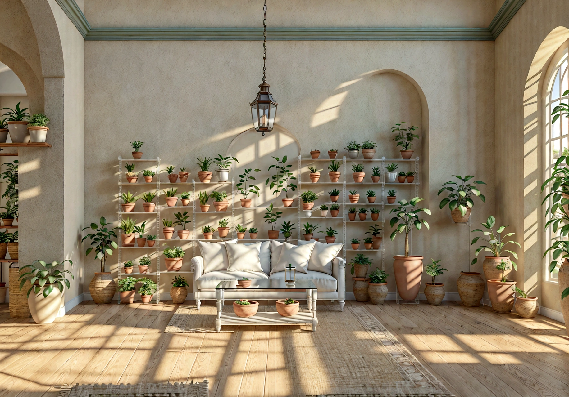 a beautifully detailed interior scene in a mediterranean style,light and airy color palette,decorative shelves and potted plants,glass vase and lighting fixtures,frontal view,panoramic camera angle,photorealistic,cinematic lighting,8k, best quality,ultra-detailed,realistic,vivid colors,physically-based rendering
