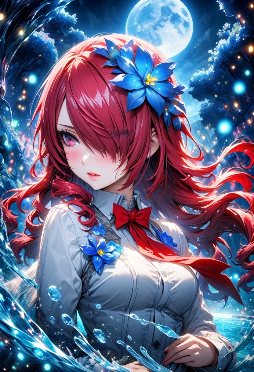 absurdres, highres, ultra detailed, HDR, masterpiece, Kirijo Mitsuru, long red hair, hair over the left eye, expressive red eyes, Persona 3, solo, woman, beautiful, white shirt, red ribbon, magical, fantasy, water, blue moon, starry, blue fireflies, blue flowers