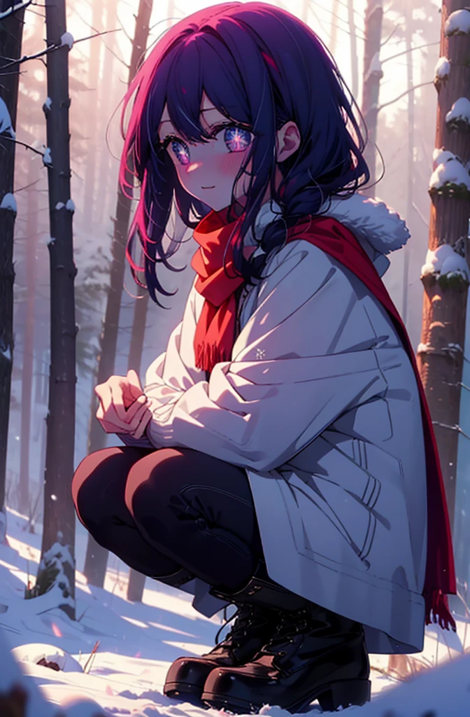 aihoshino, Ai Hoshino, Long Hair, bangs, (Purple eyes:1.1), Purple Hair, (Symbol-shaped pupil:1.5), smile,,smile,blush,White Breath,
Open your mouth,snow,Ground bonfire, Outdoor, boots, snowing, From the side, wood, suitcase, Cape, Blurred, , forest, White handbag, nature, Squat, Mouth closed, Cape, winter, Written boundary depth, Black shoes, red Cape break looking at viewer, Upper Body, whole body, break Outdoor, forest, nature, break (masterpiece:1.2), Highest quality, High resolution, unity 8k wallpaper, (shape:0.8), (Beautiful and beautiful eyes:1.6), Highly detailed face, Perfect lighting, Extremely detailed CG, (Perfect hands, Perfect Anatomy),