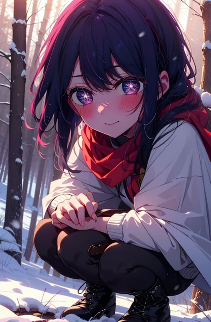 aihoshino, Ai Hoshino, Long Hair, bangs, (Purple eyes:1.1), Purple Hair, (Symbol-shaped pupil:1.5), smile,,smile,blush,White Breath,
Open your mouth,snow,Ground bonfire, Outdoor, boots, snowing, From the side, wood, suitcase, Cape, Blurred, , forest, White handbag, nature, Squat, Mouth closed, Cape, winter, Written boundary depth, Black shoes, red Cape break looking at viewer, Upper Body, whole body, break Outdoor, forest, nature, break (masterpiece:1.2), Highest quality, High resolution, unity 8k wallpaper, (shape:0.8), (Beautiful and beautiful eyes:1.6), Highly detailed face, Perfect lighting, Extremely detailed CG, (Perfect hands, Perfect Anatomy),