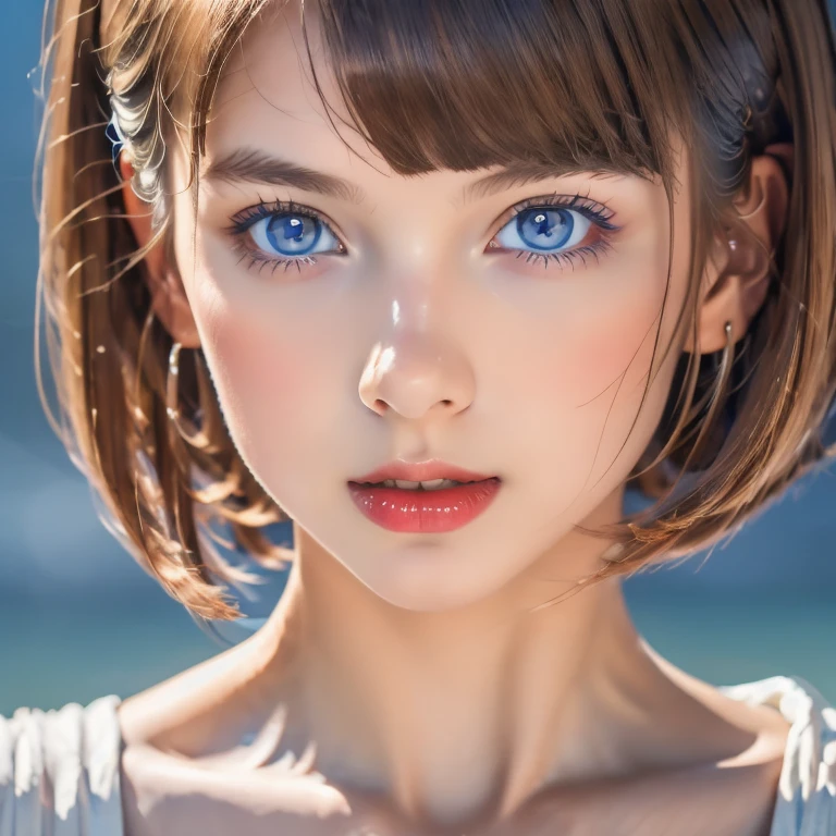 (best quality, 4k, Masterpiece, ultra detailed, hyperrealism, RAW quality), The face of the most beautiful young girl, the most beautiful face ever created, blue-eyed princess, seductive look, ultra-detailed pupil, captivating, clean, perfect, bob cut, ash color, red lips, captivating, southern, RAW quality,