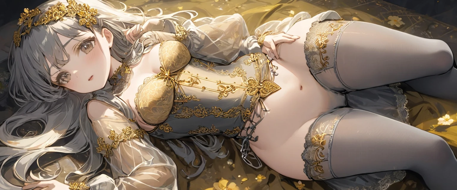 Medieval1People Girls、 Gold and silver embroidery、In underwear、Knee-length semi-transparent bloomers(With gold and silver lace)Wearing、Wearing a semi-transparent corset、 Grey translucent tights、Lying down