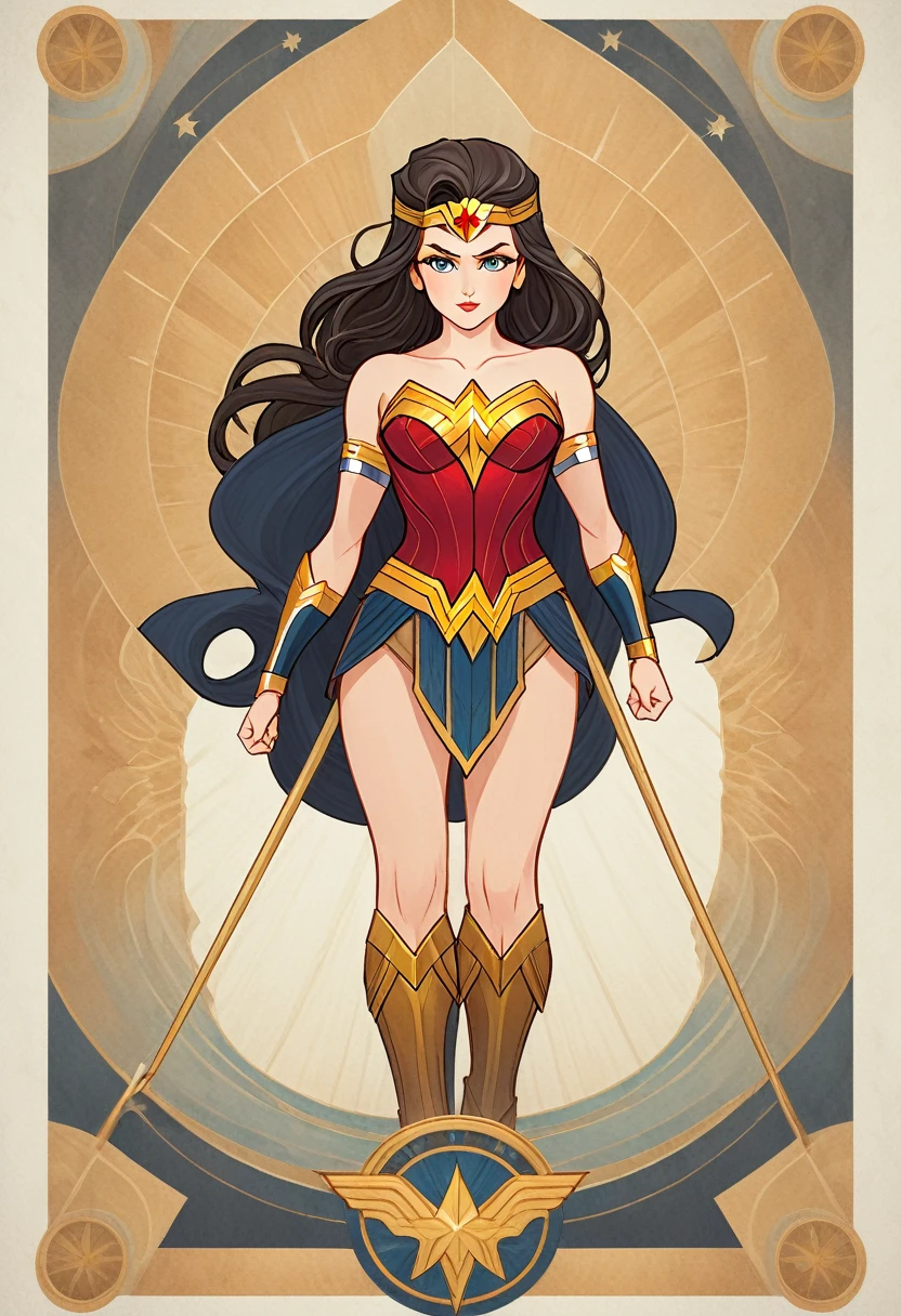 ((full body photo,Standing, Feet on the ground)) 1 Wonder Woman, Full body standing painting, (((solo))), Clear facial features, Simple line design, ((tarot card background, symmetric beauty)), perfectly symmetrical, The art of symmetry, Standing drawings of characters, ((flatcolors)), tmasterpiece,top Quority,best qualtiy,Ultra-high resolution, ((Clear facial features,beautidful eyes,beauitful face, Exquisite facial features))