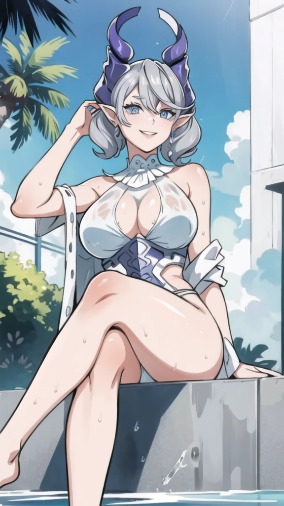 High level image quality best image quality 8K adult woman pool party rain palm trees more colors white body portrait naked horn ears short hair((shortcut)(gray hair)(perm)(fluffy)) eye color is blue , , attractive evil face , smile , sexy pose , looking away, labrynth , barearm , shirt , sitting by the pool , crossed legs , all wet , view from below