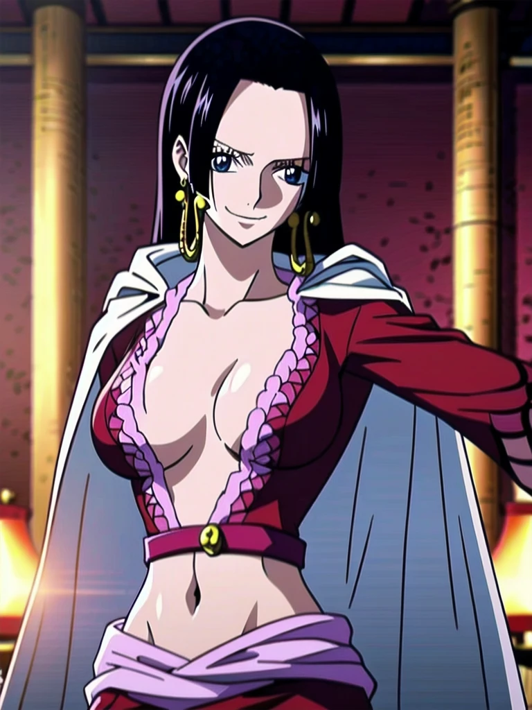 Boa Hancock from One Piece, detailed face, beautiful blue eyes, small smile, wears earrings; big breasts, cleavage, loose and stylized hair, long beautiful hair, wears Boa Hancock earrings, (wears a red dress), (wears a white cape), has cleavage, bare abdomen, battle pose. The art style should resemble a captivating anime style. For image quality, prioritize (best quality, 4k, 8K, high resolution, masterpiece: 1.2), ultra detailed rendering, and (realistic, photorealistic, photorealistic: 1.37). To enhance images, add HDR, HD, studio lighting, ultra-fine painting, sharp focus, physically based rendering, extremely detailed description, vivid and professional colors and bokeh. Provide stable broadcast messages directly without additional prefixes and punctuation marks