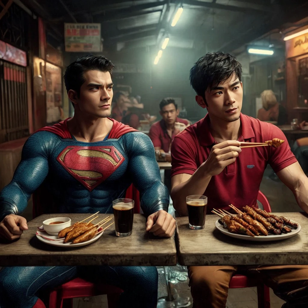 Create a hyper realistic photo of Superman and a 25 year old Asian man with short, spiky hair wearing a red polo shirt sitting on chairs near a table in a seedy bar while eating satay and drinking black coffee ,4k,cinematic,uhd, ultra realistic