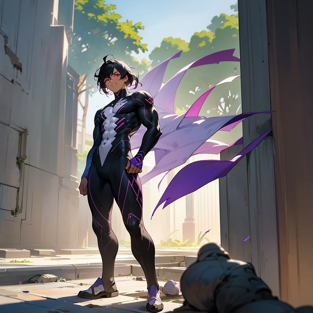 1male, young adult, dark skin, finely detailed plum eyes, wild medium hair, two tone hair, black hair color, seashell white hair color, full body combat suit, standing on ruined building, day time, tokyo streets, excited expression, muscular, tattoos, wisteria flowers, scars
