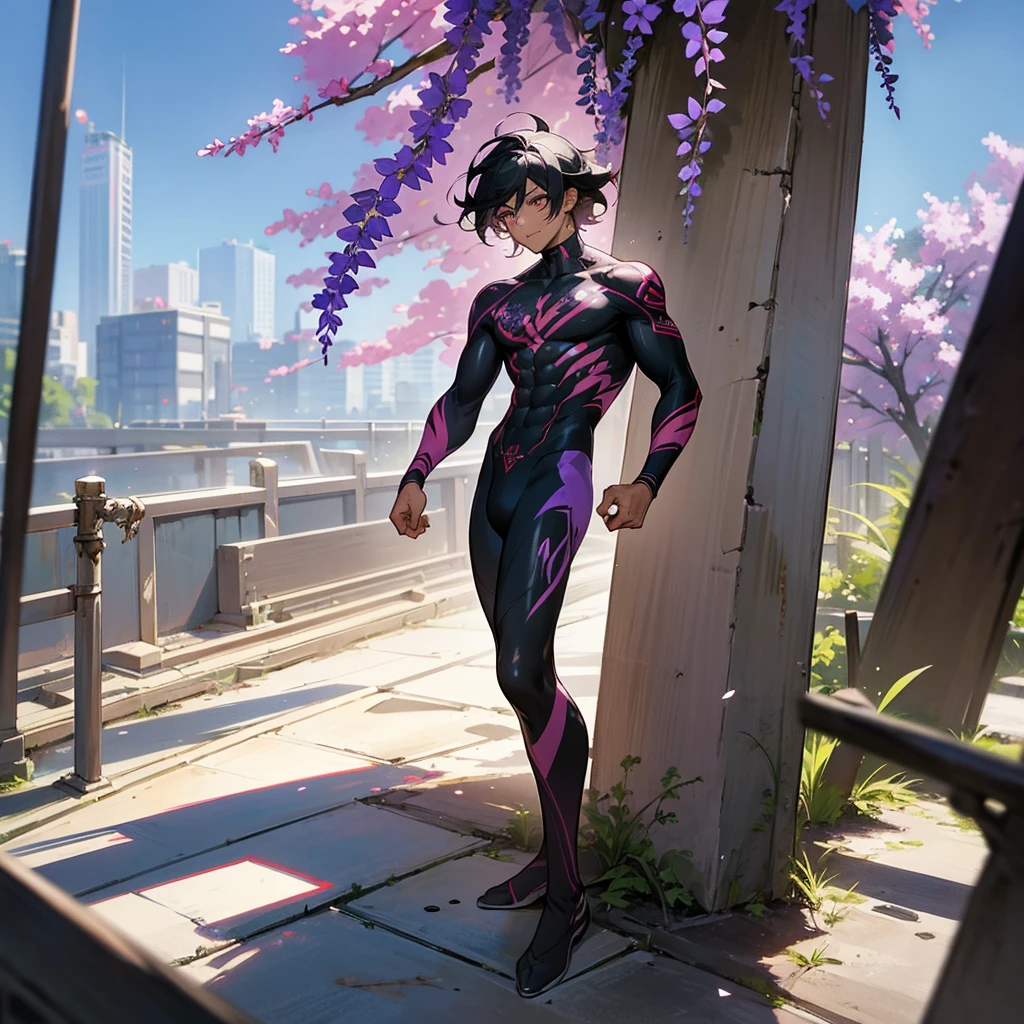 1male, young adult, dark skin, finely detailed plum eyes, wild medium hair, two tone hair, black hair color, seashell white hair color, full body combat suit, standing on ruined building, day time, tokyo streets, excited expression, muscular, tattoos, wisteria flowers, scars