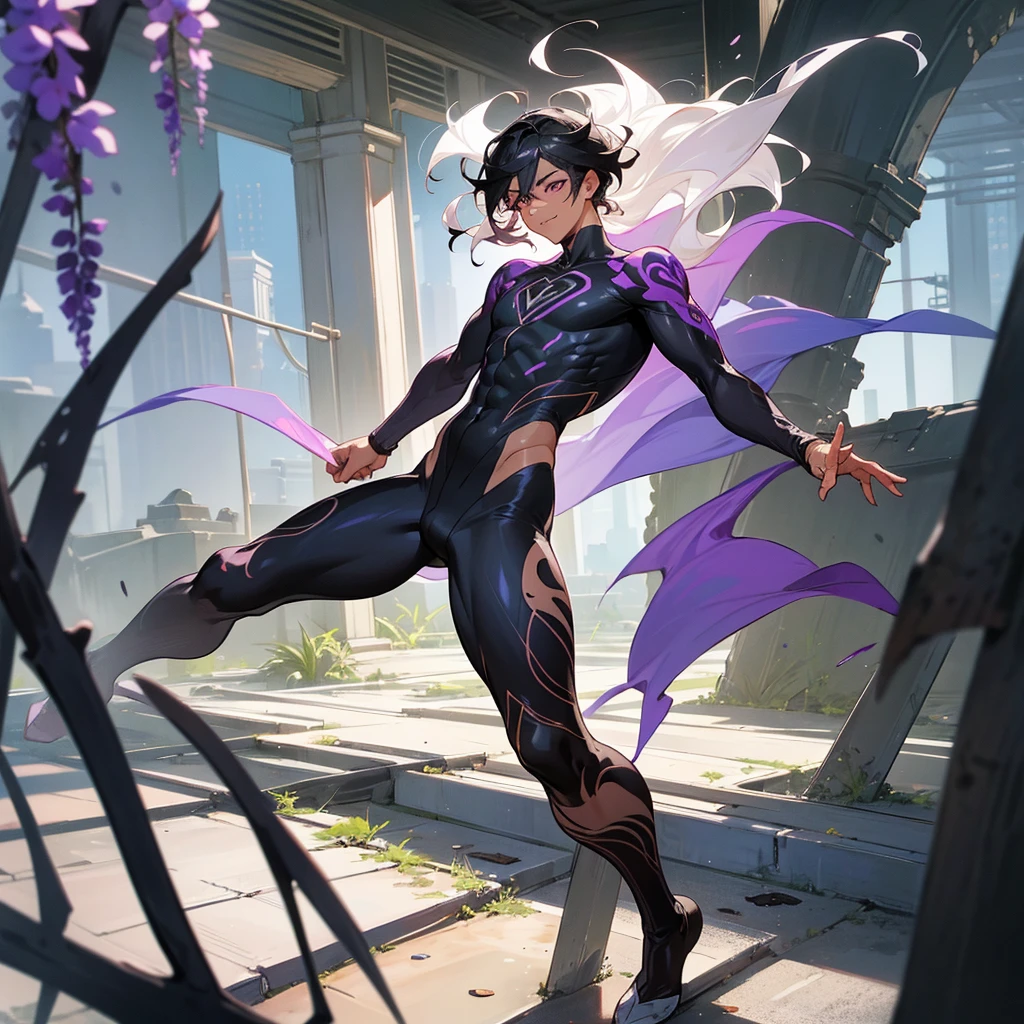 1male, young adult, dark skin, finely detailed plum eyes, wild medium hair, two tone hair, black hair color, seashell white hair color, full body combat suit, standing on ruined building, day time, tokyo streets, excited expression, muscular, tattoos, wisteria flowers, scars